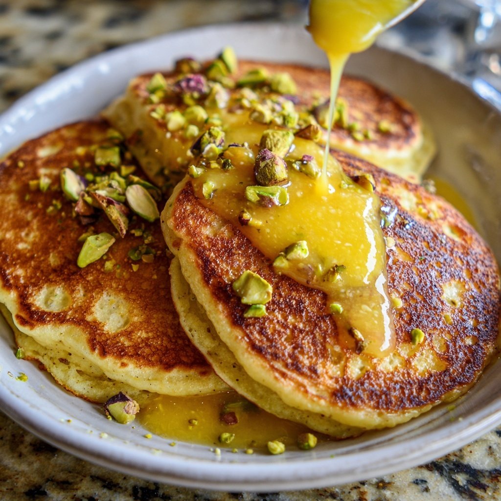 Ricotta Pancakes with Lemon Curd and Pistachios​